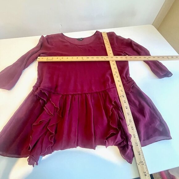 Theory Silk Peplum Blouse Top Womens L Red Ruffle Trim 3/4 Sleeve Chiffon Sheer - Picture 7 of 7